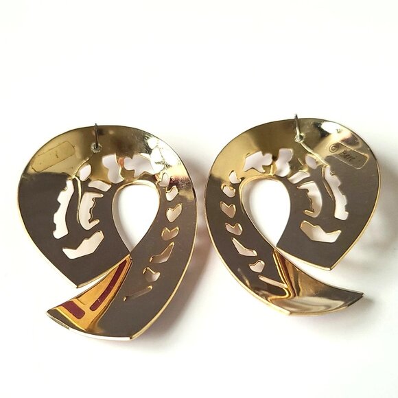 Signed Berebi Enamel Earrings Pink Purple Gold Tone Pierced Statement Ribbon 80s - Picture 5 of 9